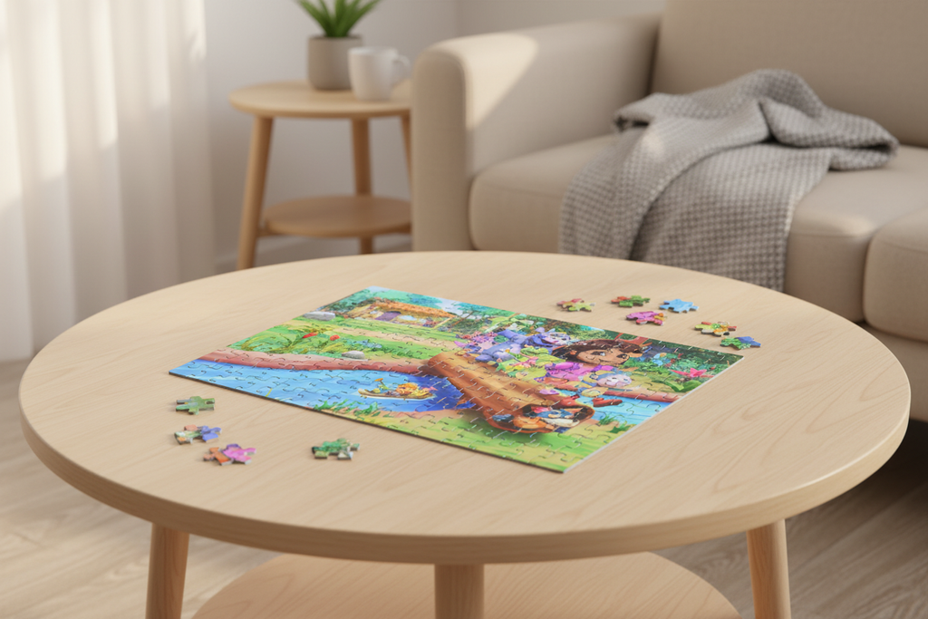 Dora the Explorer jigsaw puzzle partially assembled on a wooden table in a cozy living room