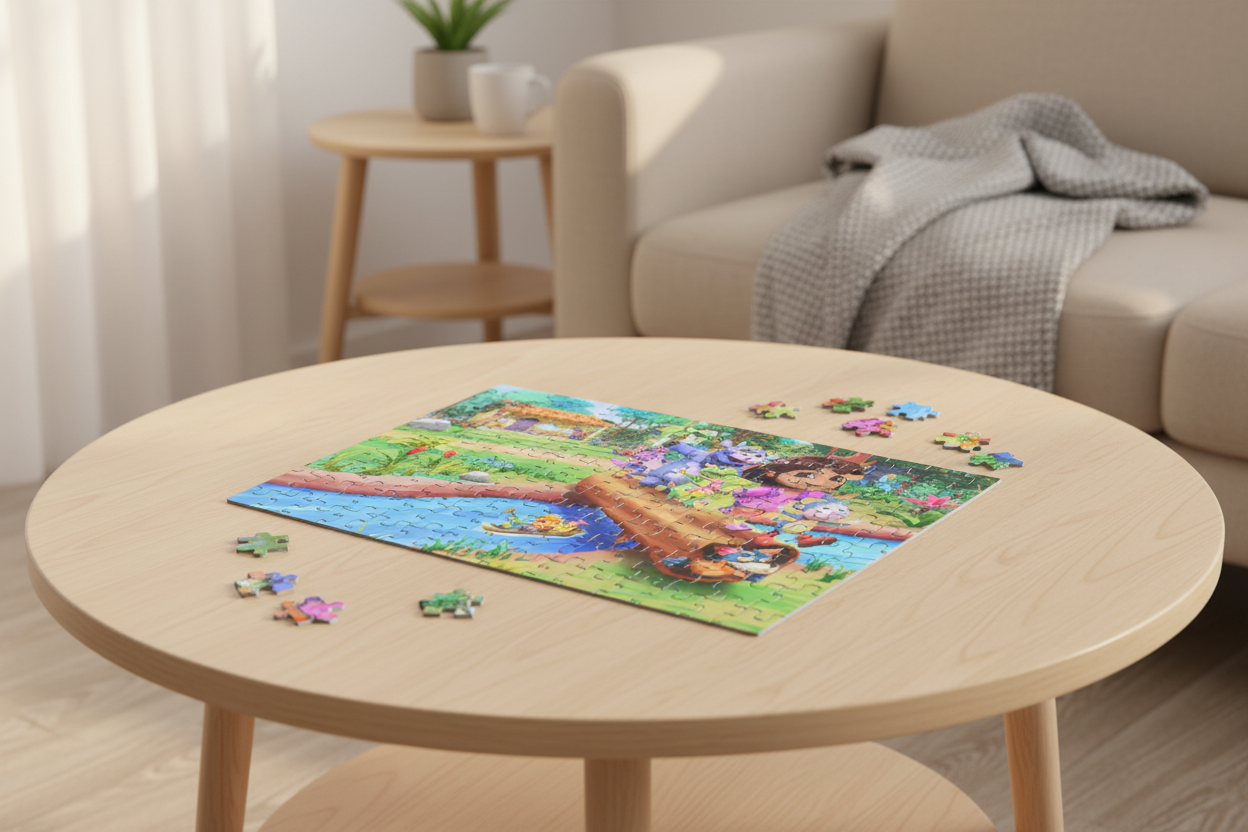 Dora the Explorer jigsaw puzzle partially assembled on a wooden table in a cozy living room