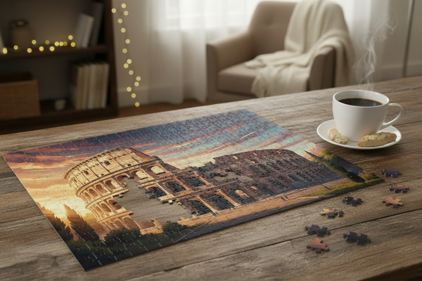 Colosseum 120-piece jigsaw puzzle mostly assembled on a wooden table with a few pieces missing