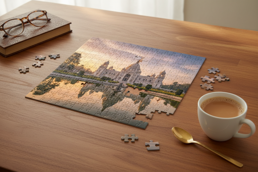 120-piece Victoria Memorial jigsaw puzzle partially assembled on a wooden table with chai tea in a cozy home setting