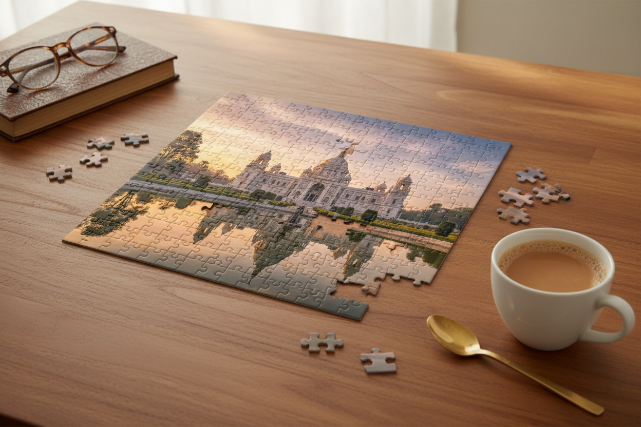 120-piece Victoria Memorial jigsaw puzzle partially assembled on a wooden table with chai tea in a cozy home setting